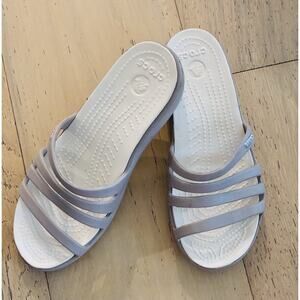 Crocs Rhonda Wedge Sandals Women Size 6 Shoes Gray White Flip Flops Heel Rubber